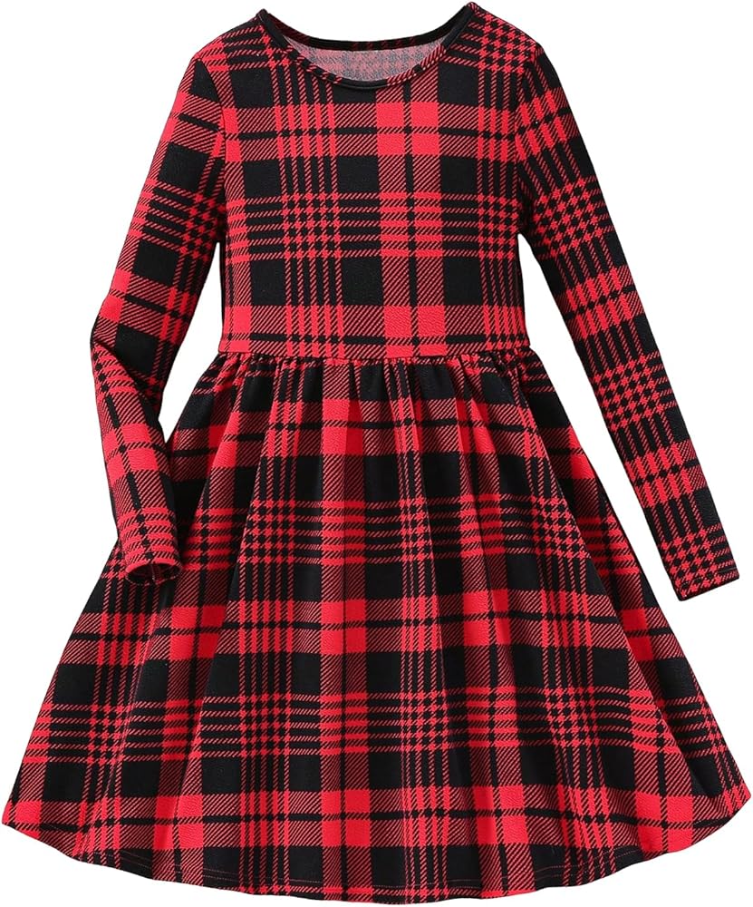 Floerns Girl's Plaid Print Long Sleeve Christmas Party Flared A Line Midi Dress