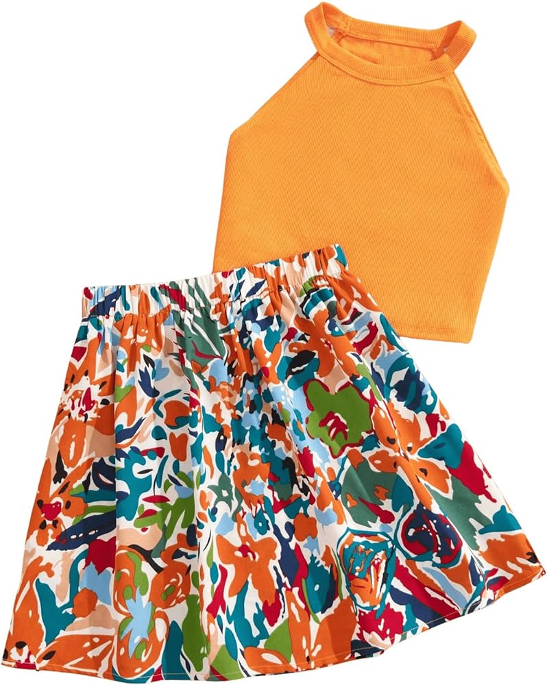 SHENHE Girl's 2 Piece Outfits Floral Sleeveless Crop Cami Top and Belted Shorts Set Orange 12Y