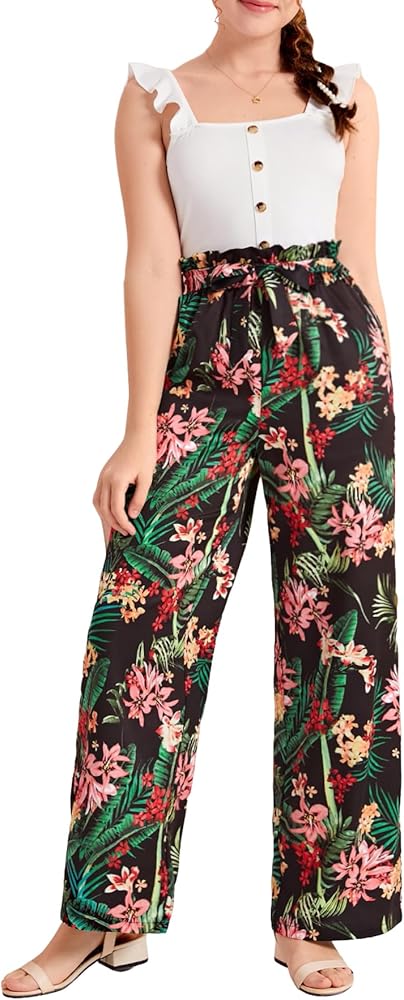 OYOANGLE Girl's 2 Piece Outfits Ruffle Trim Cap Sleeve Tank Top and Tropical Print Paperbag Waist Pants Set