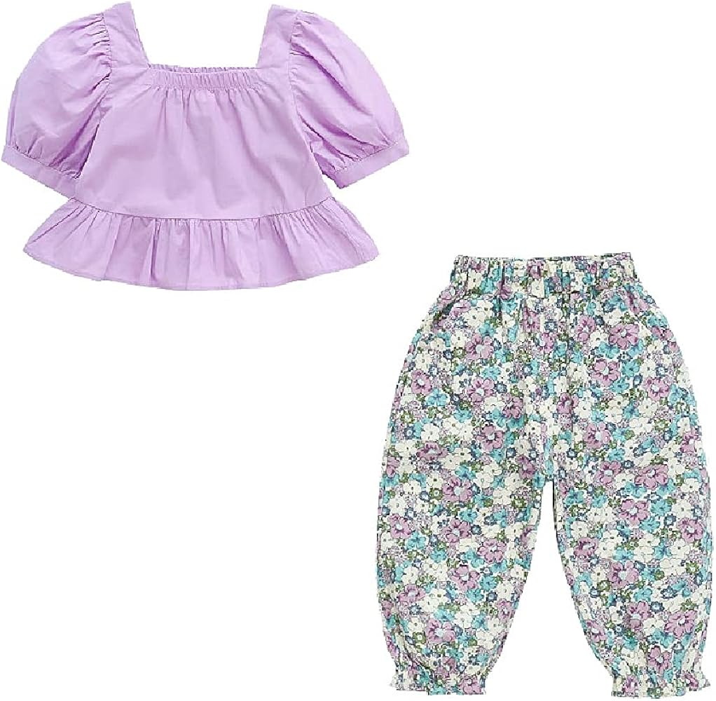 girls' floral suits,summer new Korean style square neck puff sleeve T-shirt and cropped trousers two-piece suits.