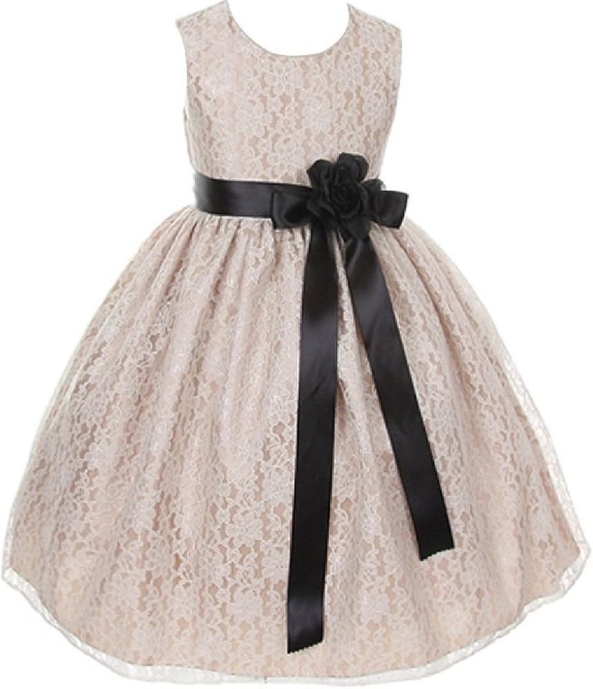 Little Girls Champagne Dress Lace Custom Ribbon Flowers Girls Dresses