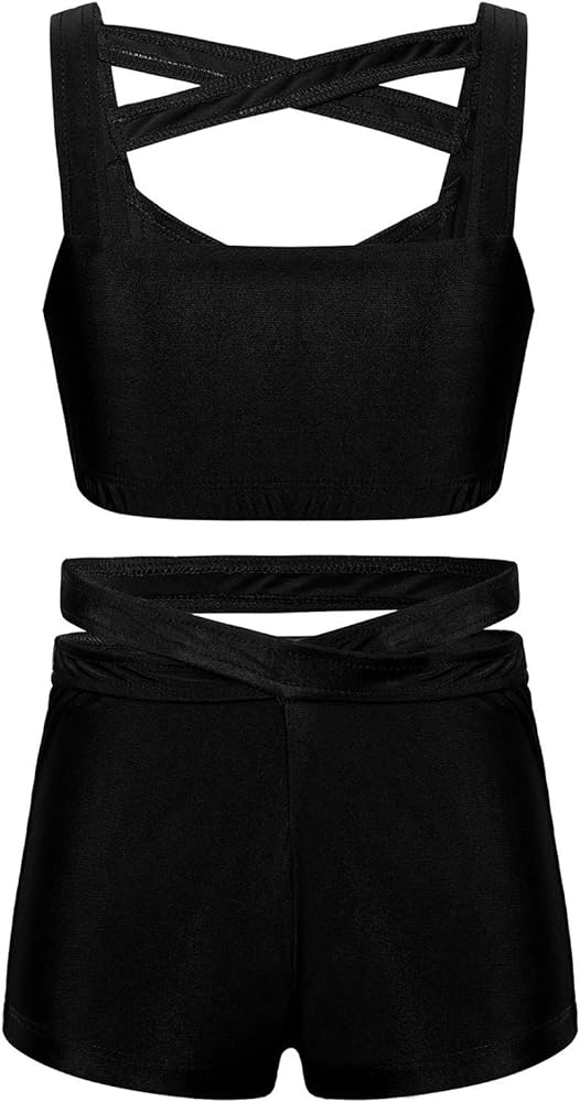 Kids Big Girls Strappy Sports Bras Top with Shorts Set Activewear for Dance/Workout/Gymnastics Leotard Tracksuit