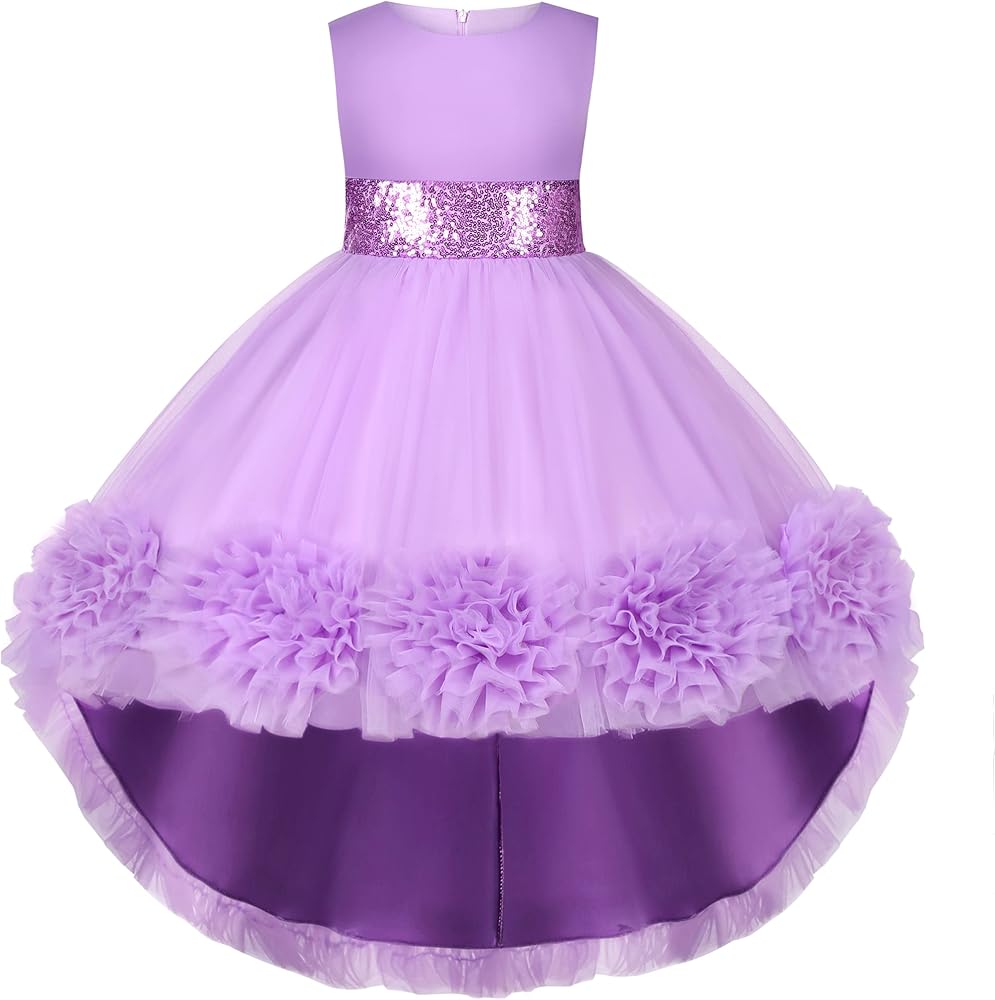 Girls Dress Sloping Shoulder Bridesmaid Wedding Princess Children's Bow Birthday Ball Party Show Evening Lavender