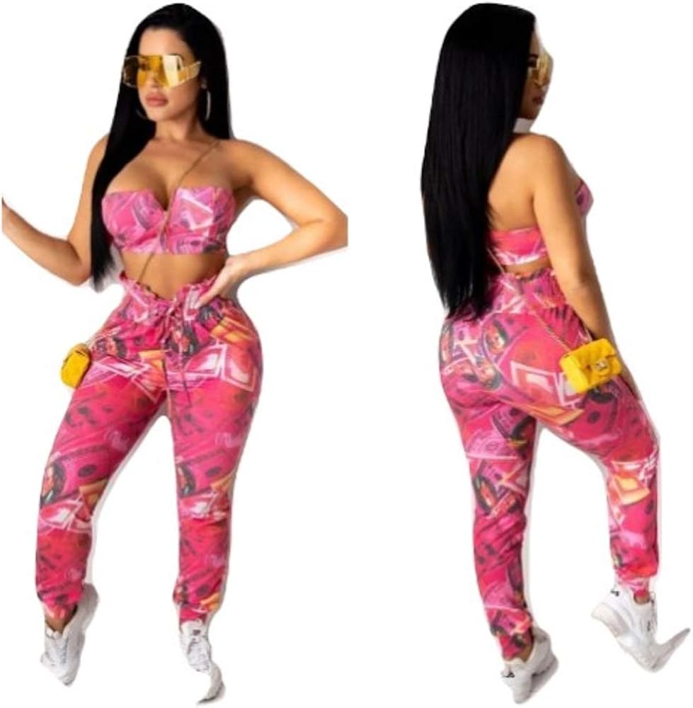 Money Money Money USA $100 Bill Pink Cropped Top & Pants Set