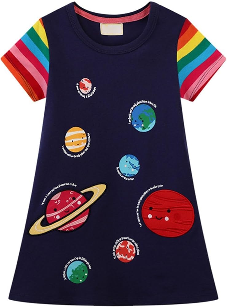 Toddler Girls Dress Space Planet Pattern Printed Dress Colorful Short Sleeve Round Neck Knitting Cotton Dress