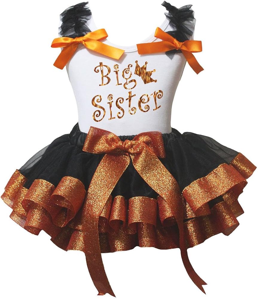 Petitebella Bling Big Sister White Shirt Orange Black Petal Skirt Nb-8y