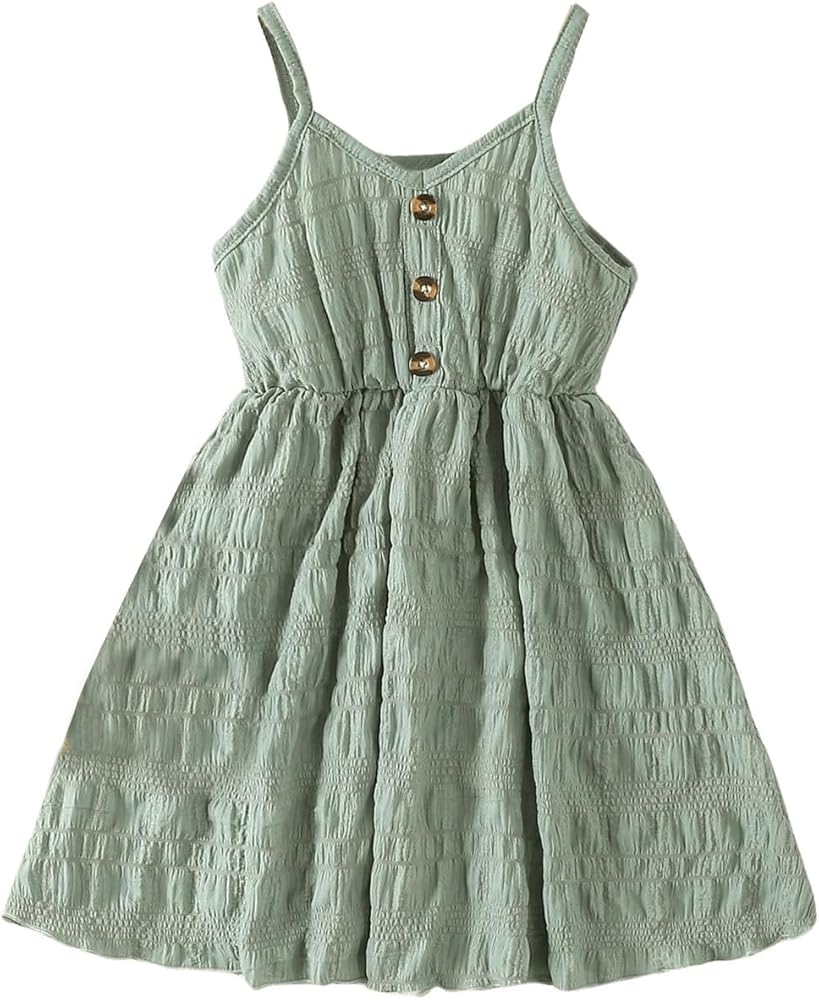 Girl's Button Front Cami Dress Sleeveless Spaghetti Strap V Neck Textured A Line Dresses