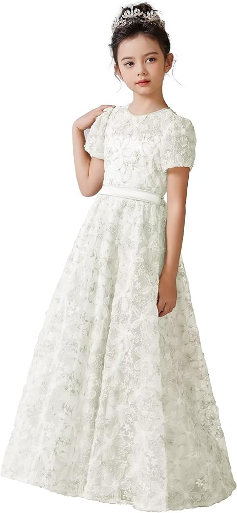 dideyttawl Girls Dress A-Line 3D Embroidery Tulle Flower Appliqued Satin Bow Tie Belt High-Waisted Elegant Full Length Dress