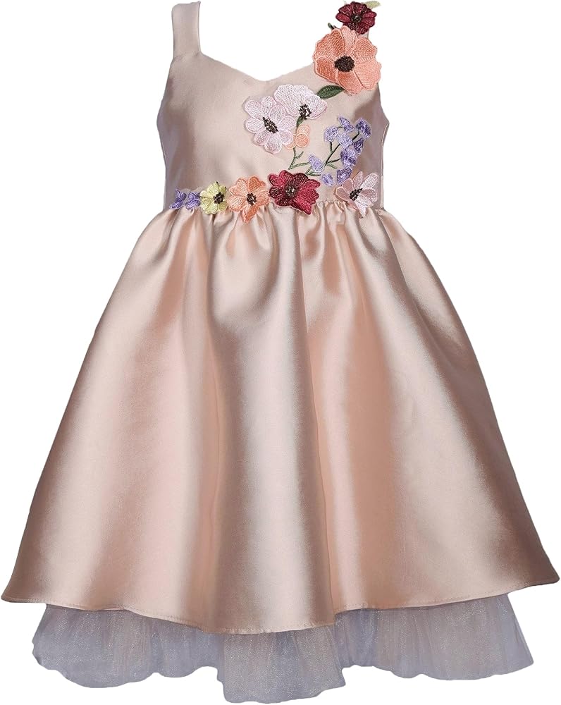 Bonnie Jean Girls 7-16 Taupe-Peach Floral Applique Mikado Dress