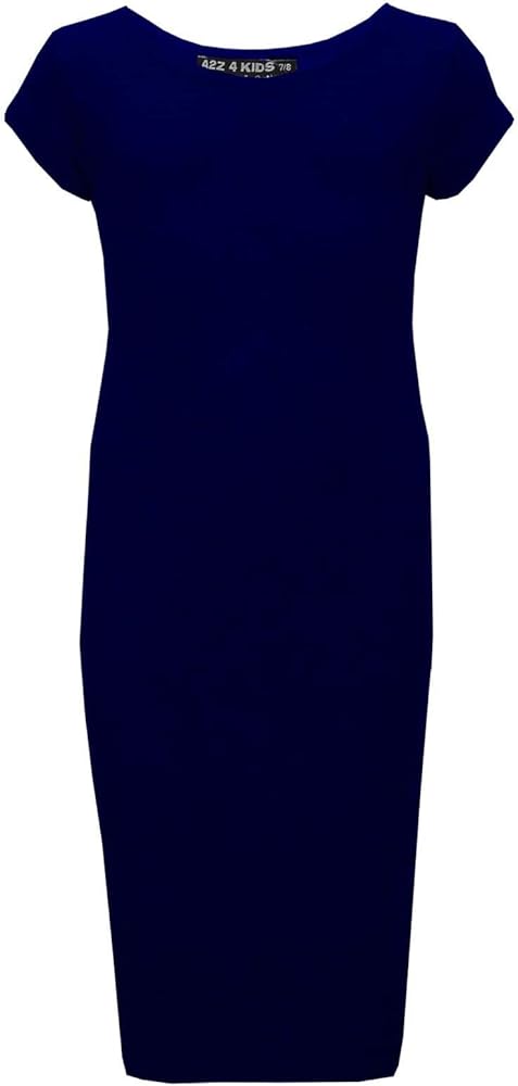 A2Z 4 Kids Girls Bodycon Plain Short Sleeve Long Length Dresses - Midi Dress Navy 13