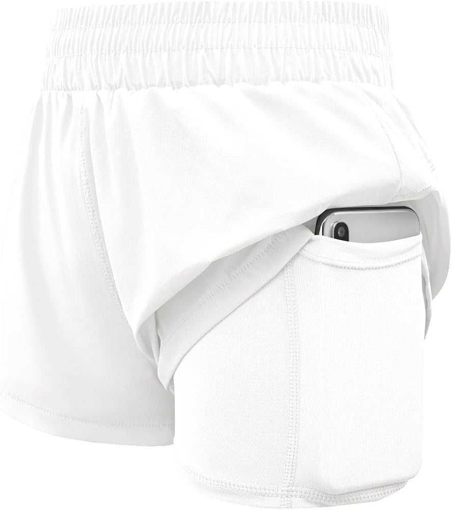 Haloumoning Girls Athletic Shorts High Waist Elastic 2 in 1 Running Shorts with Side Pockets 5-14 Years