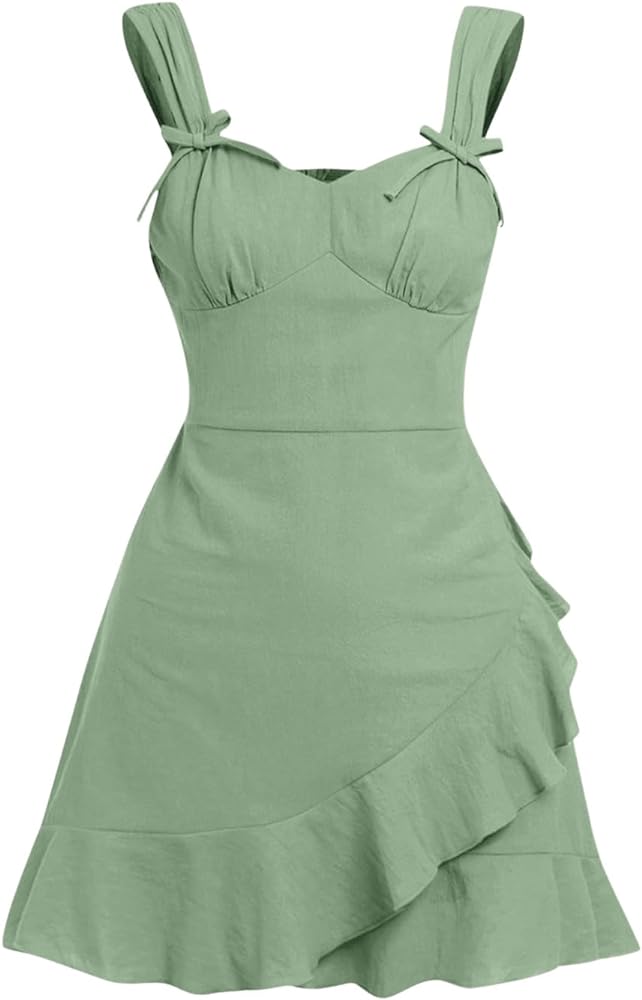 SHENHE Girl's Wide Strap Ruched Bust Bow Front Ruffled Wrap Sleeveless Cute Tank Dress