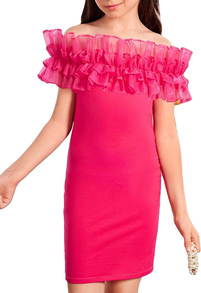 WDIRARA Girl's Off Shoulder Ruffle Trim Short Sleeve Party Pencil Mini Dress