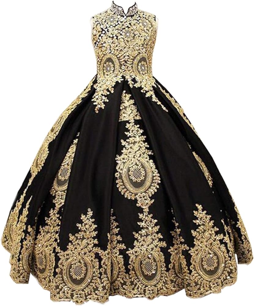 Gold Lace Flower Girl Dresses for Wedding Beaded Pageant Ball Gown First Communion Dress for Girls GS098