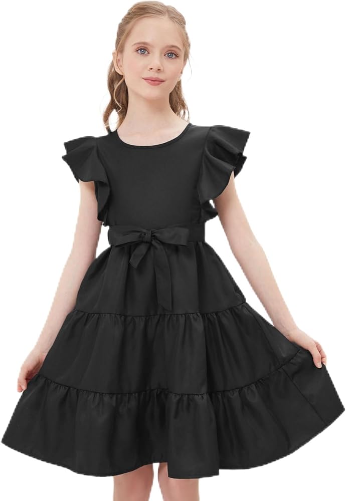 Girls Black Dress Spring Summer Dresses Ruffle Sleeve A-Line Swing Flared Skater Party Dress with Pockets 5-14T