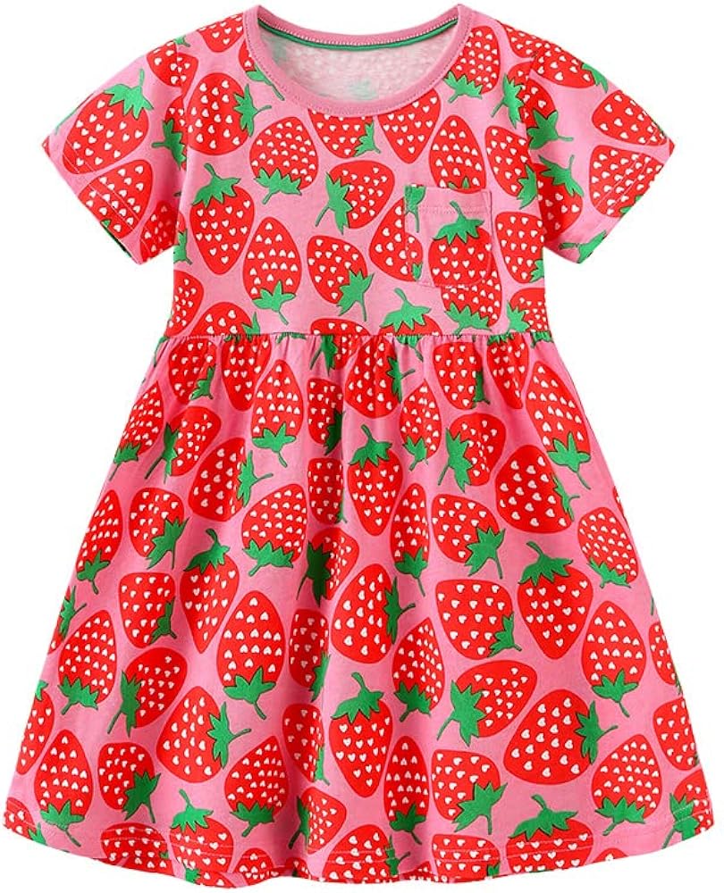 Comfortable Dresses for Girls in Summer Strawberry Print Princess Dress Patchwork Casual Dress Party Dresses 2-8Y (as1, Age, 4_Years, Strawberry)