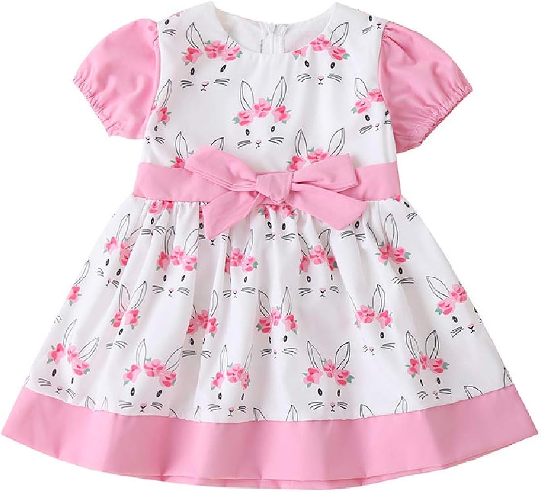 Quenny Summer Easter Girls' Bunny Printed Dresses,European and American Children's Fashion Girls' Princess Dresses.