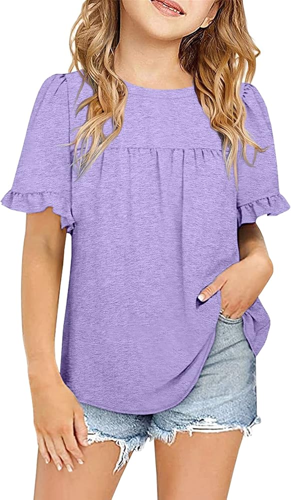 Ebifin Girls Short Sleeve Tops Casual Crewneck T Shirts Kids Peplum Babydoll Tunic Tees Blouses Size 4-15 Years