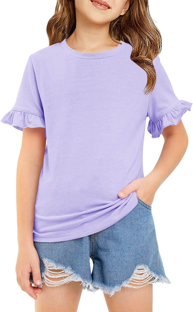 Haloumoing Girls Ruffle Short Sleeve T Shirts Crewneck Plain Casual Summer Tops Blouse Tees 5-14 Years