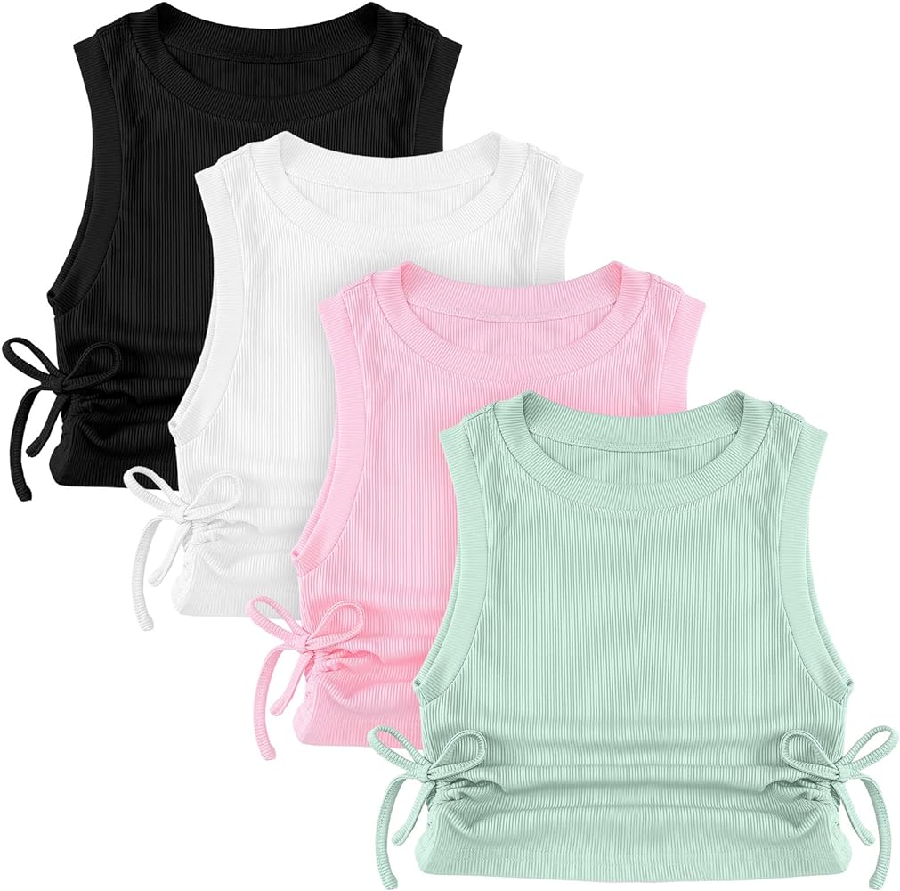 Wesiti 4 Pcs Little Girls Tank Top Ruched Knot Side Crop Tank Tops Sleeveless Solid Round Neck Tops Ruched Clothes, 4 Colors Multicolor