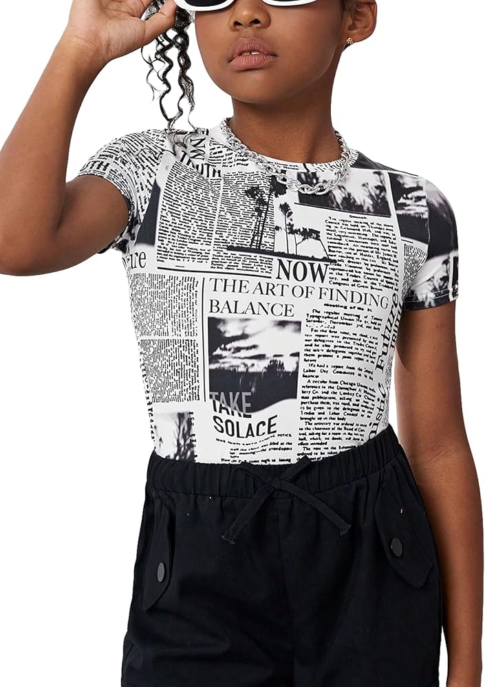 WDIRARA Girl's Newspaper Print Tank Top Round Neck Short Sleeve Slim Tee Top