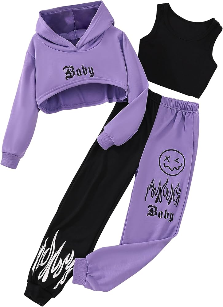 Hilinker Girls Graphic 3 Piece Outfits Workout Crop Hoodie Ribbed Tank and Sweatpants Set