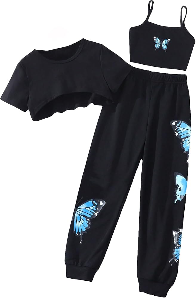 COZYEASE Girls' 3 Piece Butterfly Print Round Neck Short Sleeve Cami Top High Low HemTee Top Sweatpants Set