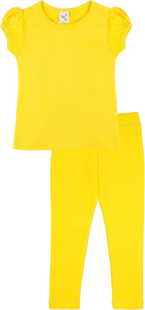 Lilax Girls' Basic Short Puff Sleeve Cotton T-Shirt and Leggings Set