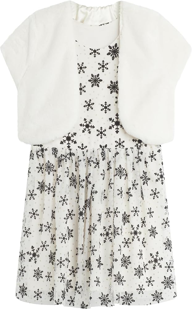 Beautees Girls' Glitter Mesh Skater Dress with Faux Fur Bolero