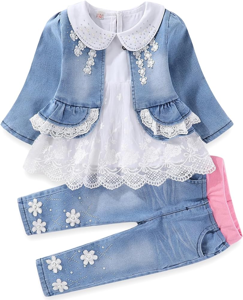 Peacolate 6M-4Years Spring Fall Baby Girls Clothing Set 3pcs Long Sleeve Dress Denim Jacket and Jeans