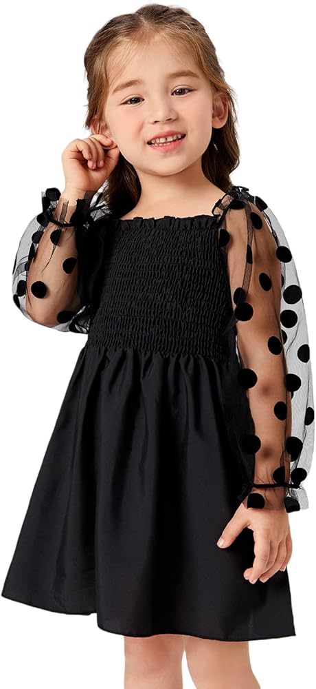 WDIRARA Toddler Girl's Polka Dots Mesh Flounce Long Sleeve Flared Shirred Dress