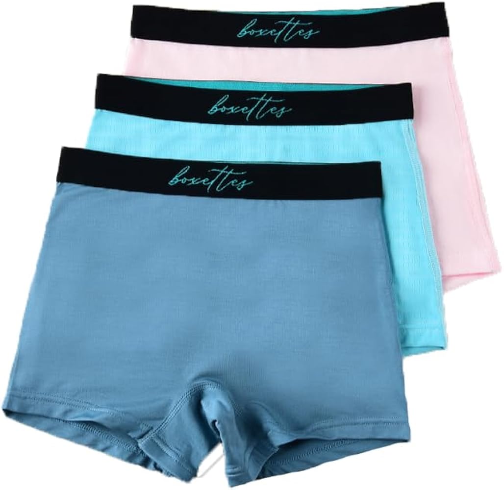 Girls' Boxer Briefs. 3-pack sampler Cotton, Modal and Nylon Mesh. Sensory-friendly. Full-coverage. Super soft. Tagless.