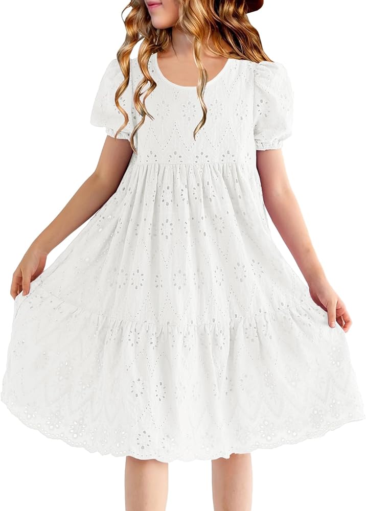 HOSIKA Girls Summer Boho Crew Neck Puff Sleeve Ruffle Tiered A-line Casual Party Midi Dress for 6-12 Years