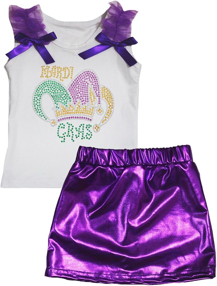 Petitebella Mardi Gras Hat White Shirt Purple Bling Skirt Set 1-8y