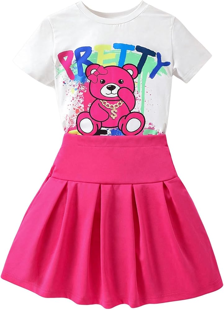 Floerns Girl's Cartoon Print Short Sleeve Tee Pleated Hem Skirt 2 Piece Sets