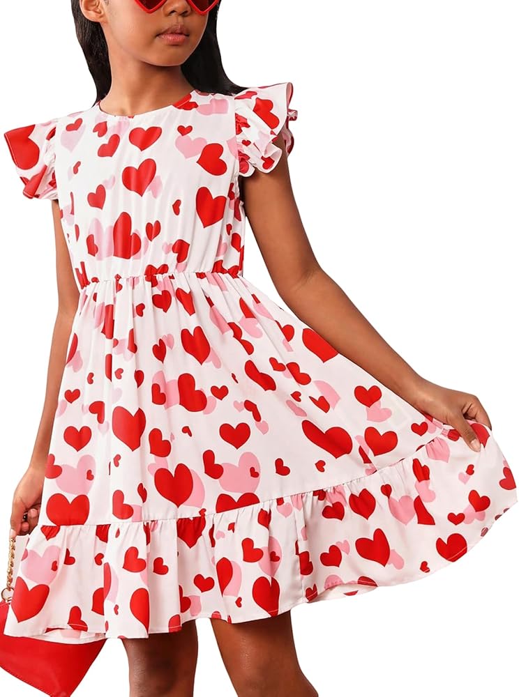 OYOANGLE Girl's Cute Heart Print Bow Decor Ruffle Short Sleeve A Line Knee Length Summer Dress