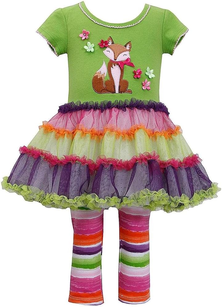 Bonnie Jean Girls Fox Applique' Tutu Skirt w/Leggings Dress Set, Green, 2T - 4T