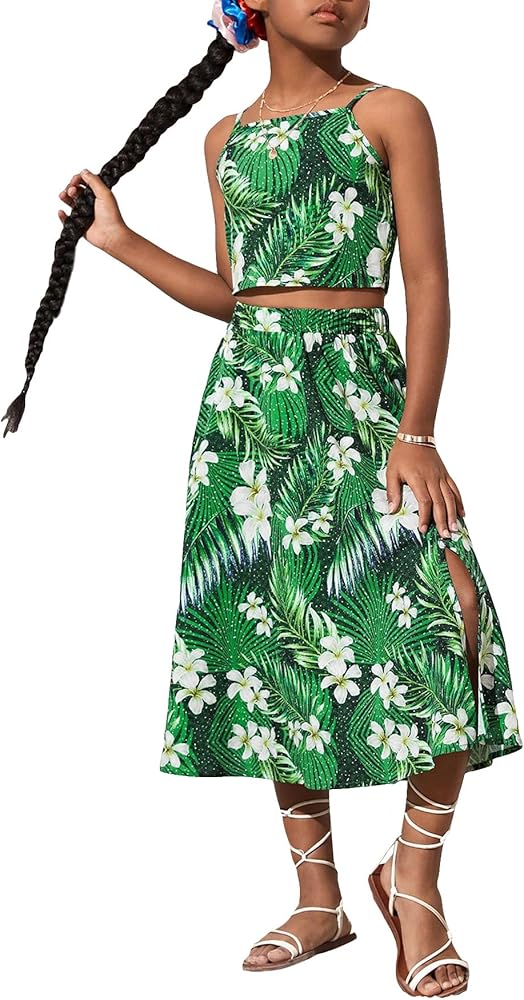 Floerns Girl's 2 Piece Outfit Tropical Print Cami Top with Slit Hem Skirt Sets