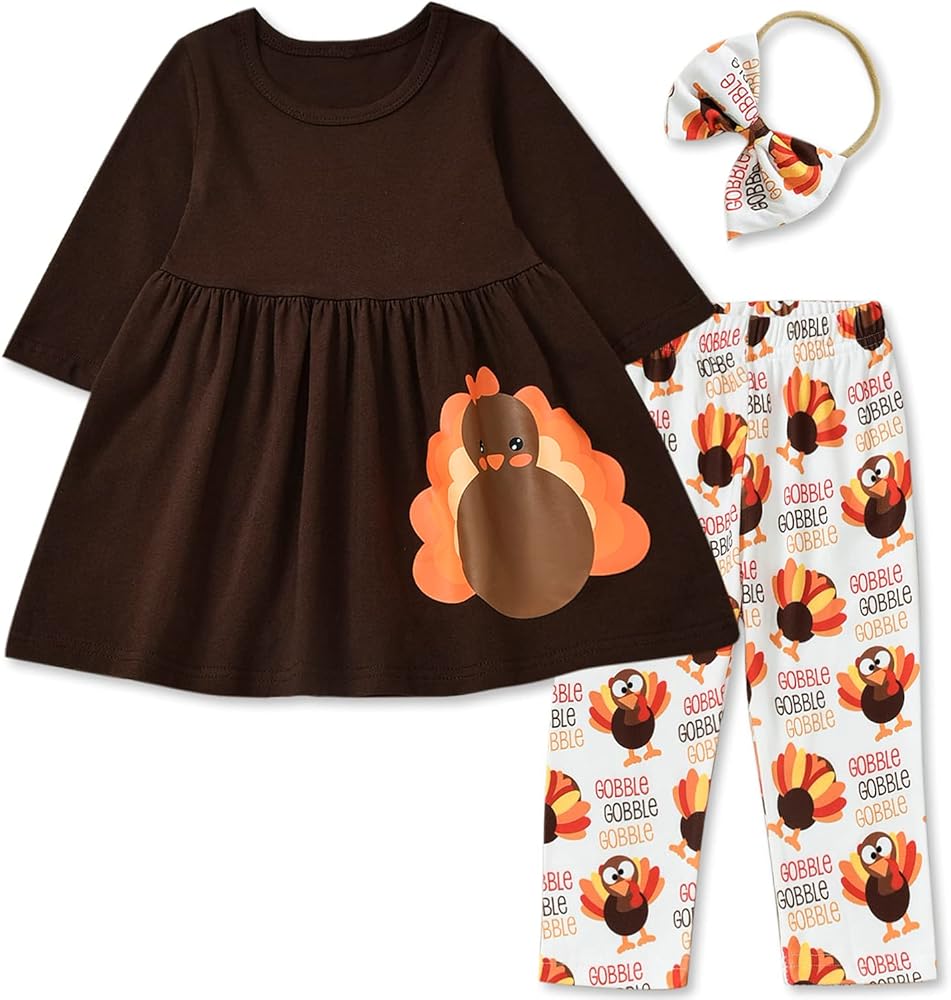 Aalizzwell Toddler Girls Thanksgiving Outfits, Little Girl Turkey Ruffle Tunic Top Pants Clothes Set