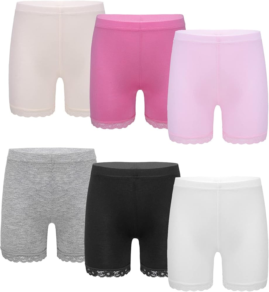 TiaoBug Kids Girls 6 Packs Lace Dance Shorts Bike Shorts Safety Under Dress Yoga Gymnastics Undershorts Activewear Black&White&Grey&Pink&Hot Pink&Nude 5-6 Years