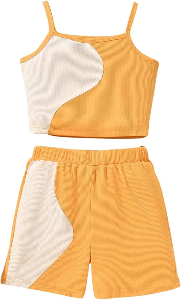 SweatyRocks Girl's 2 Piece Outfits Colorblock Spaghetti Strap Cami Top and Shorts Set