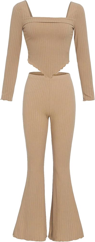 Verdusa Girl's 2 Piece Ribbed Long Sleeve Asymmetrical Top and Flare Leg Pants