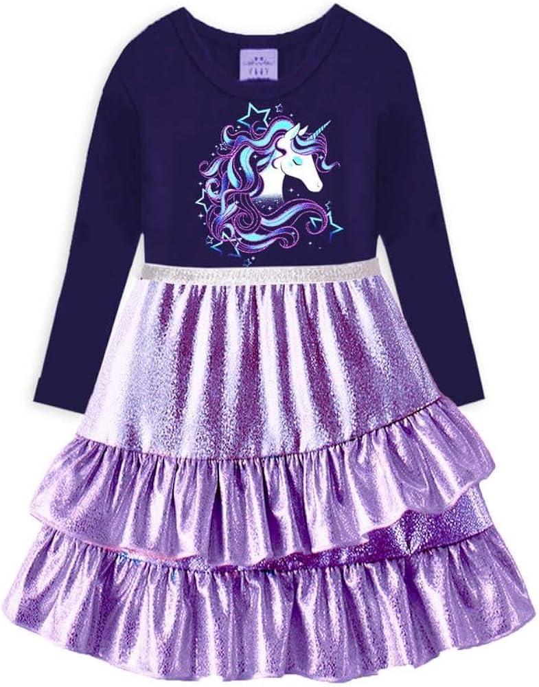 VIKITA Girls Dresses Purple Winter Clothes Sparkling Long Sleeve Outfits for Little Kids 2-12 Years Birthday Gifts