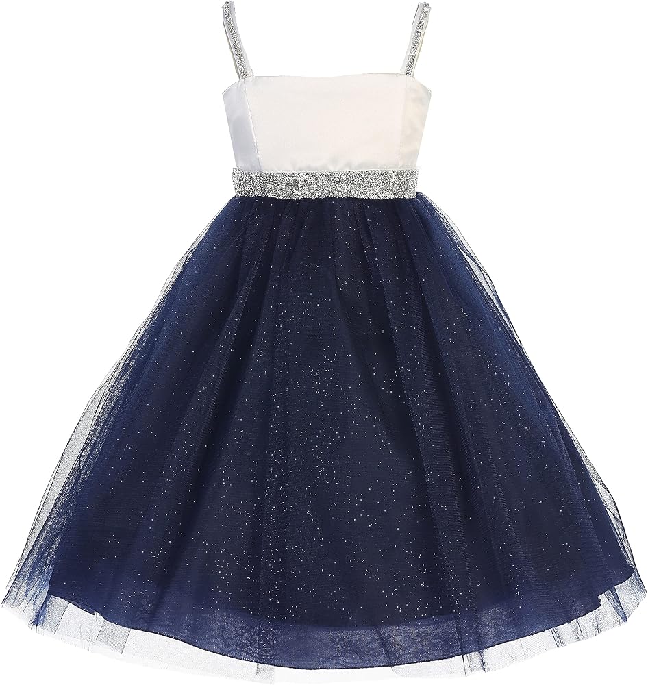 Little Girls Spaghetti Strap Glitter Tulle Pageant Wedding Flower Girl Dress