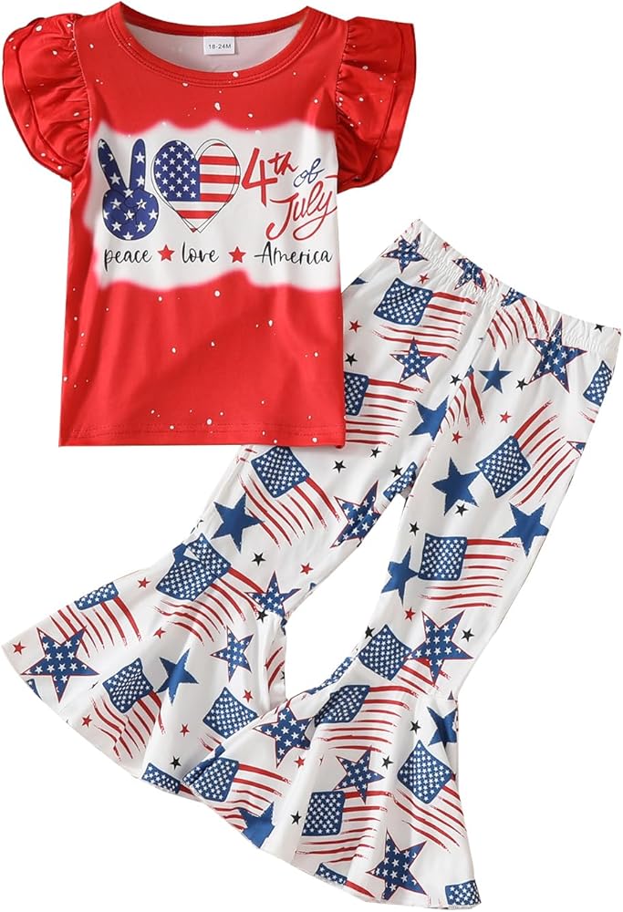 Ayalinggo Fourth Of July Outfit For Kids Girl 4th Of July American Flag Shirt Flare Pant Set Indenpendent Day Summer Clothes