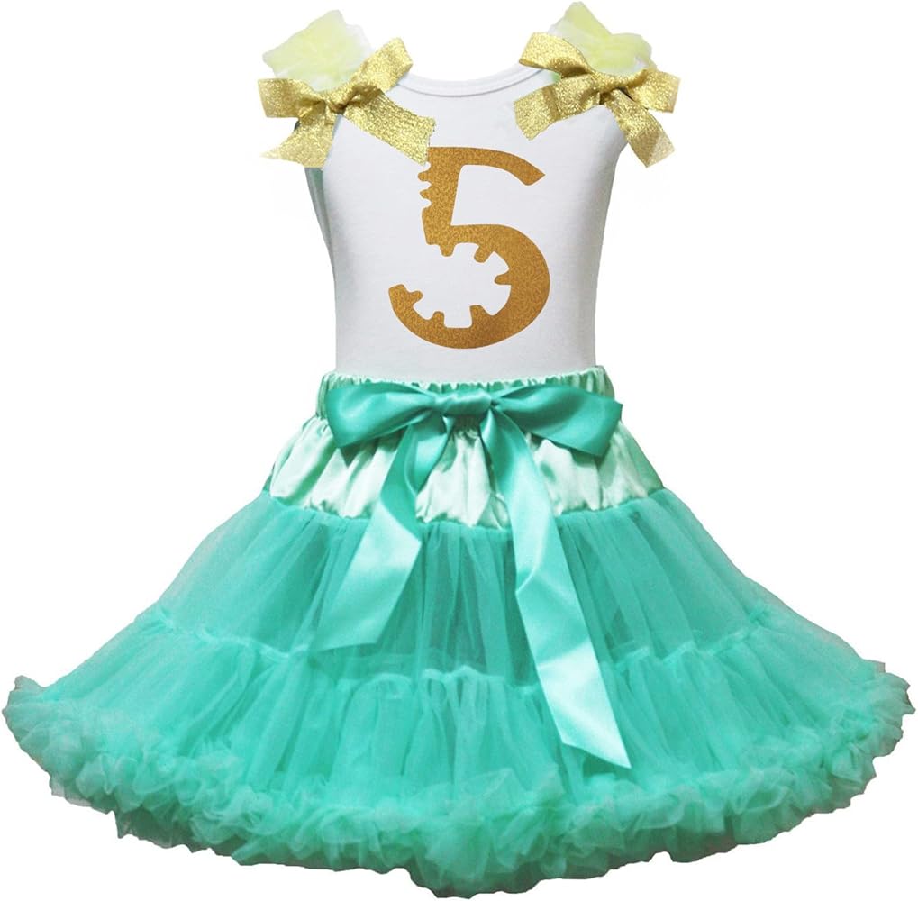 Petitebella Birthday Dress Golden 5th White Cotton Shirt Aqua Blue Skirt Girl Outfit 1-8y