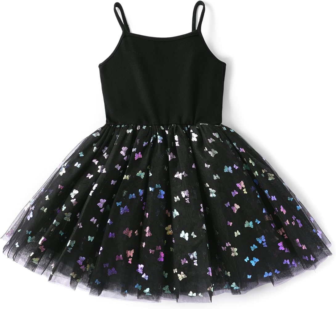 PATPAT Little Big Girl Party Tulle Dress Sequined Butterfly Print Mesh Tutu Cami Dress