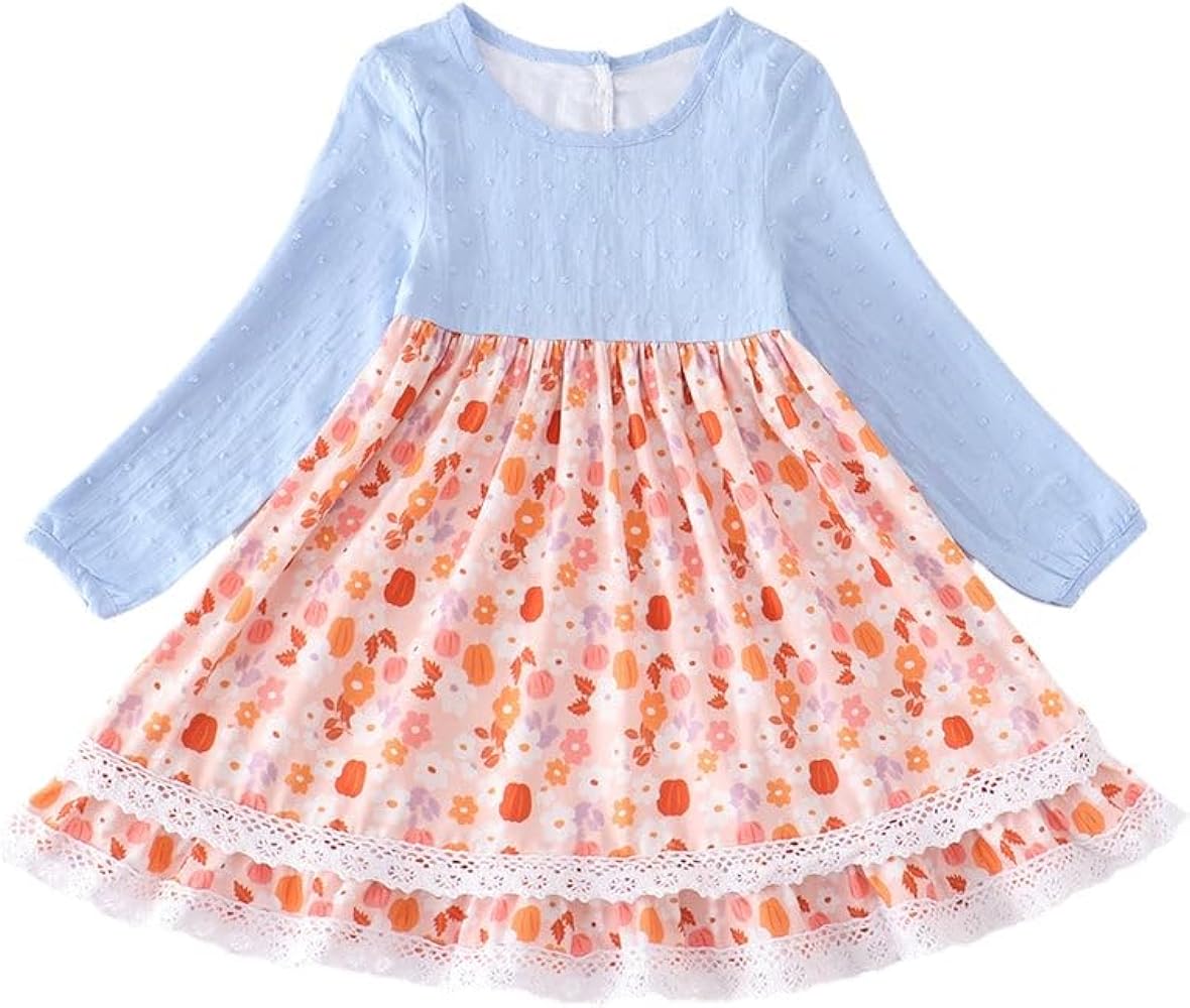 Blue Swiss Dot Floral Print Girls Long Sleeve Dress