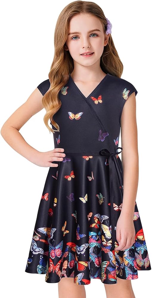 LaBeca Girls' V Neck Dress Floral Printed A-line Swing Casual Party Dress with Belt for 6-14 Years