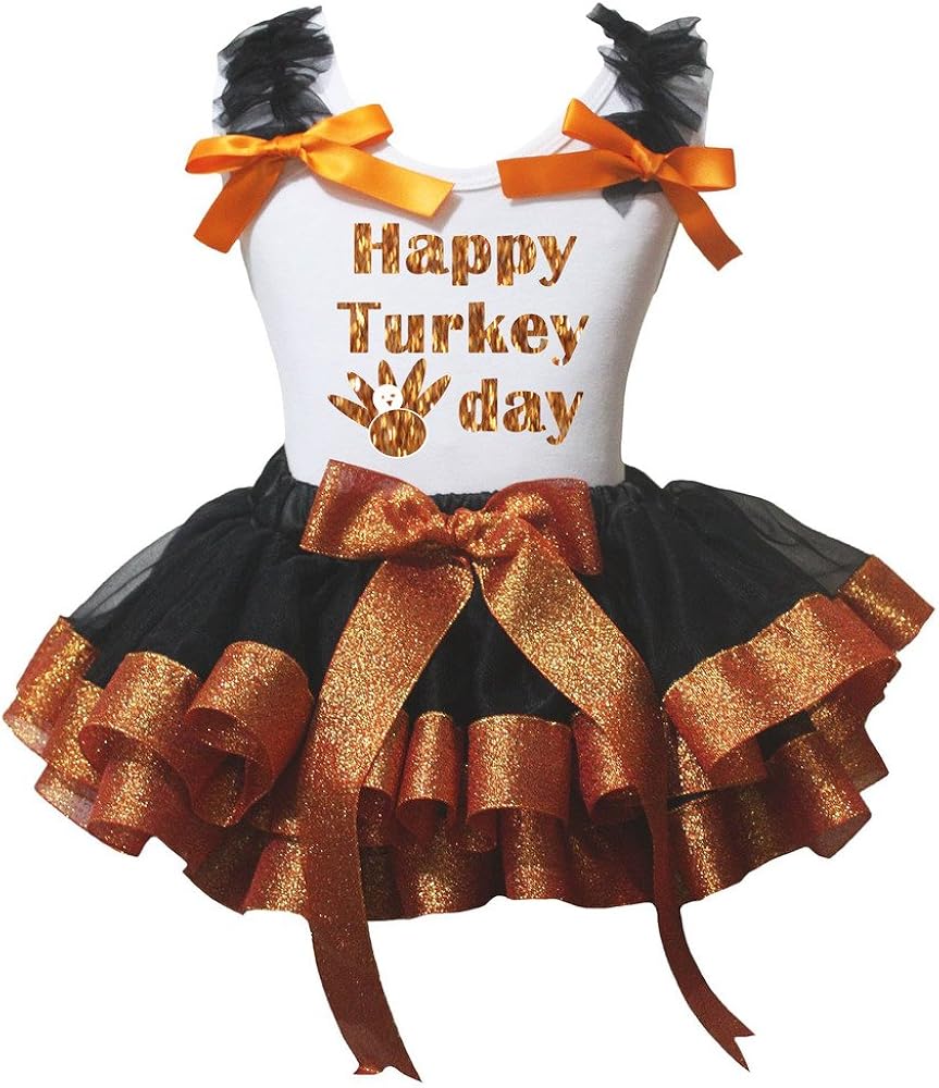 Petitebella Bling Happy Turkey Day White Shirt Orange Black Petal Skirt Nb-8y